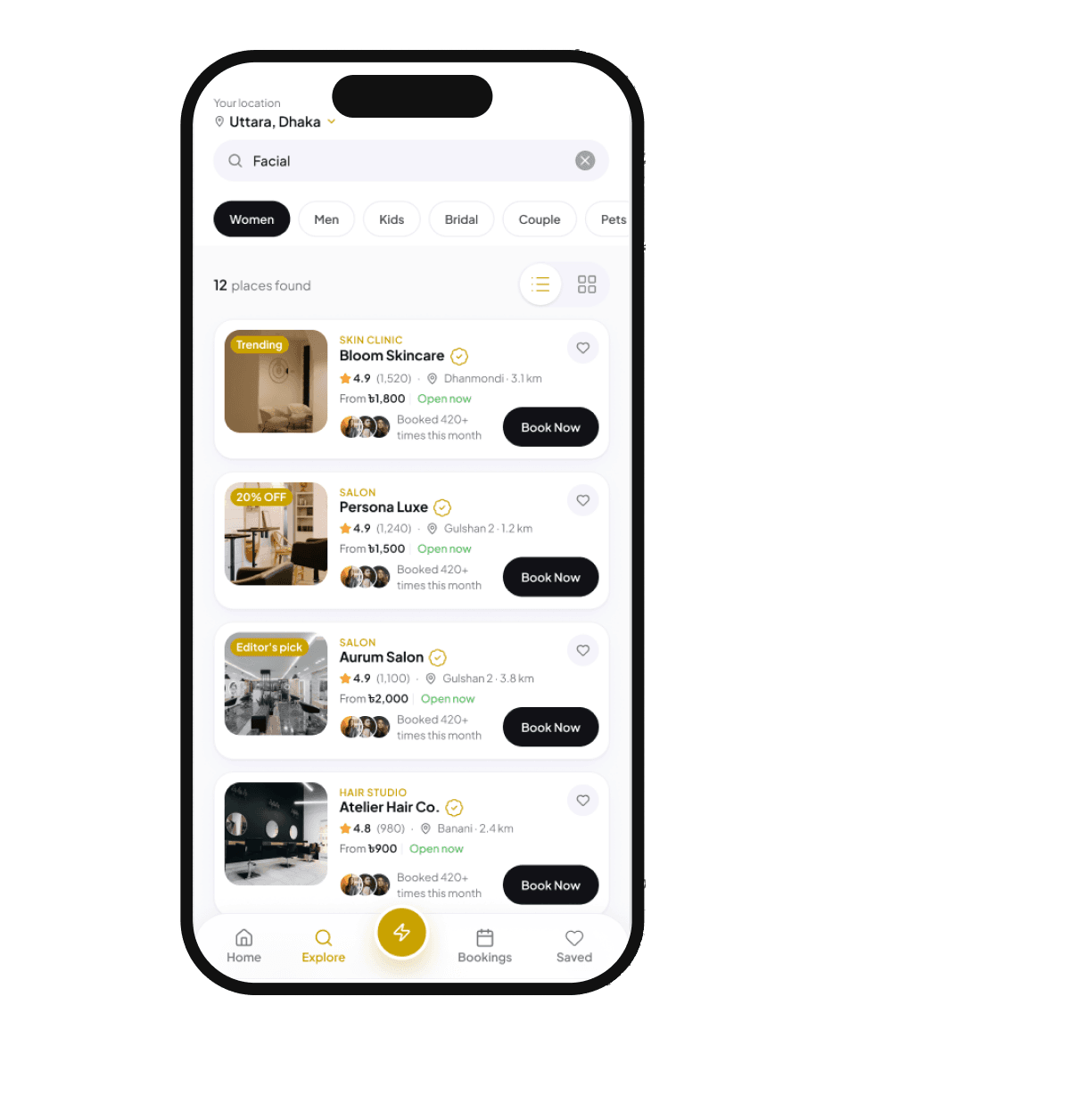 GlowHaat explore screen listing nearby salons